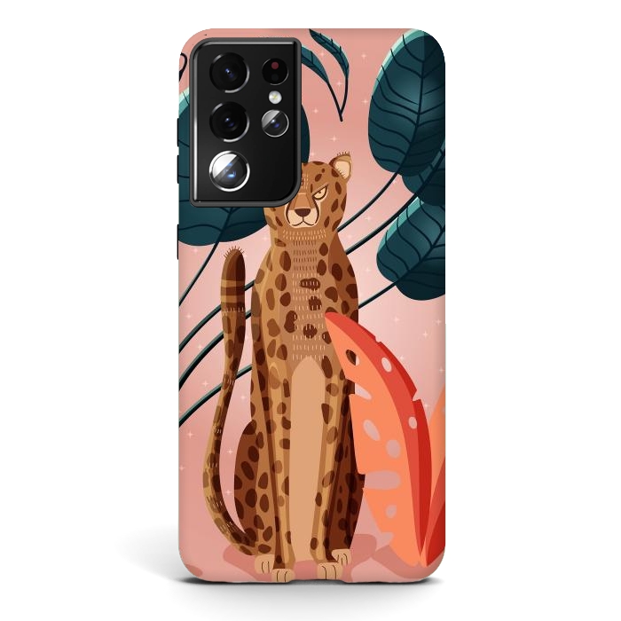 Galaxy S21 ultra StrongFit Cheetah and palm leaves by Jelena Obradovic