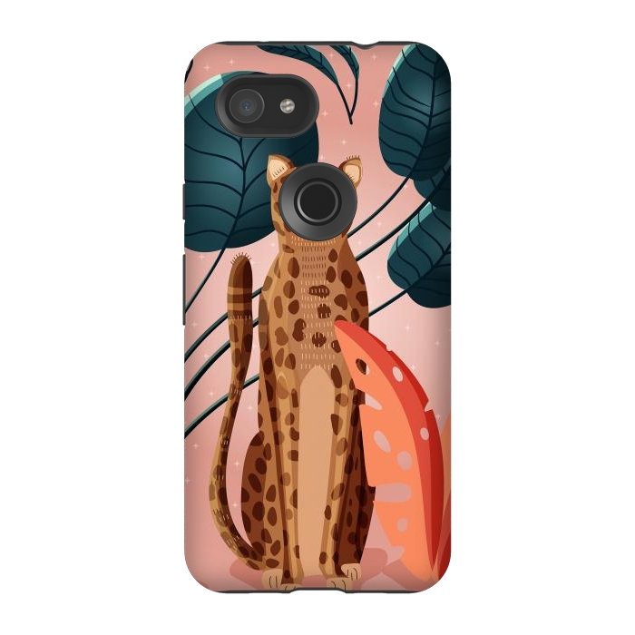 Pixel 3A StrongFit Cheetah and palm leaves by Jelena Obradovic