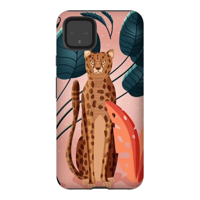 Pixel 4XL StrongFit Cheetah and palm leaves by Jelena Obradovic