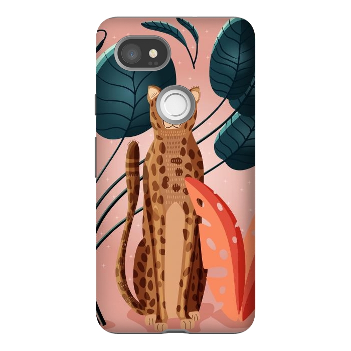 Pixel 2XL StrongFit Cheetah and palm leaves by Jelena Obradovic