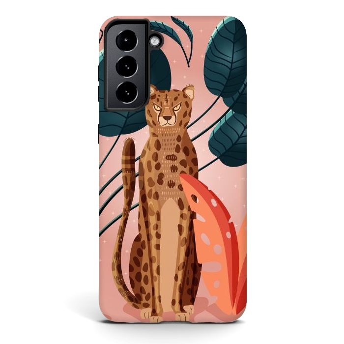 Galaxy S21 StrongFit Cheetah and palm leaves by Jelena Obradovic