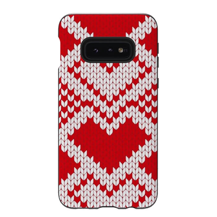 Galaxy S10e StrongFit Red white knitted heart pattern by haroulita