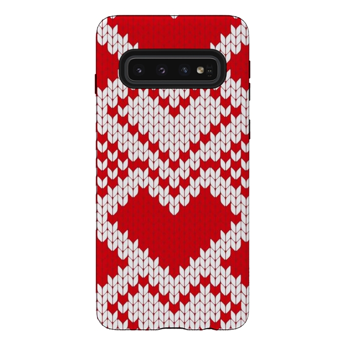 Galaxy S10 StrongFit Red white knitted heart pattern by haroulita