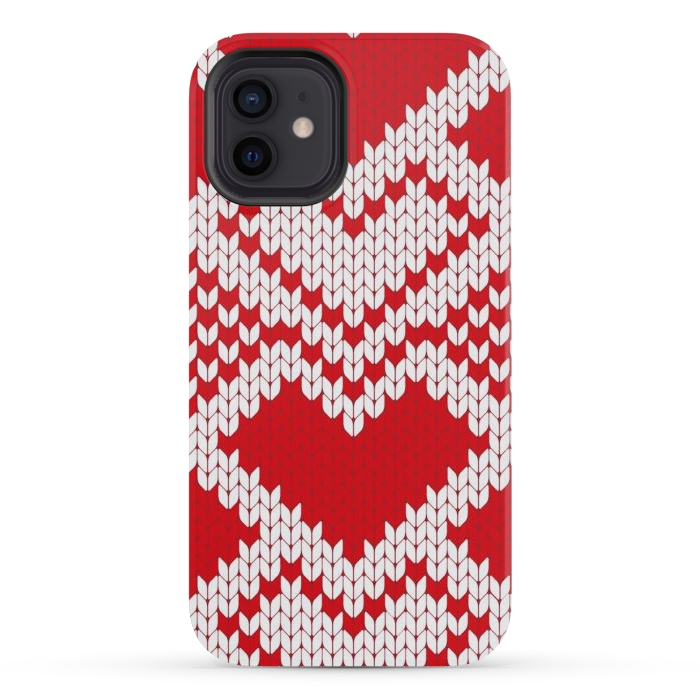 iPhone 12 mini StrongFit Red white knitted heart pattern by haroulita
