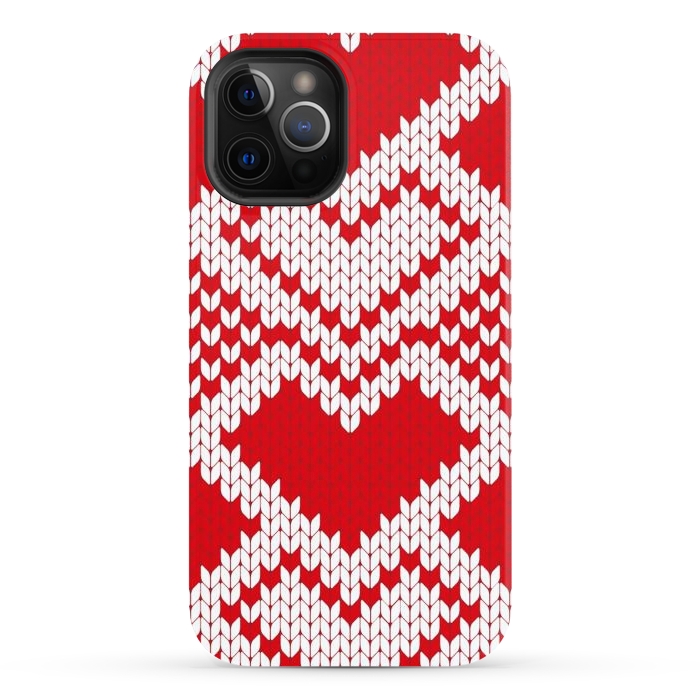 iPhone 12 Pro Max StrongFit Red white knitted heart pattern by haroulita