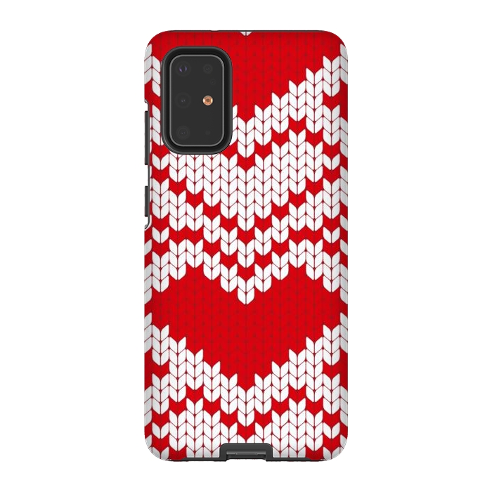 Galaxy S20 Plus StrongFit Red white knitted heart pattern by haroulita