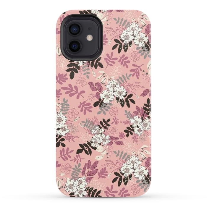 iPhone 12 StrongFit Autumnal Florals in Pink, Black and White by Paula Ohreen