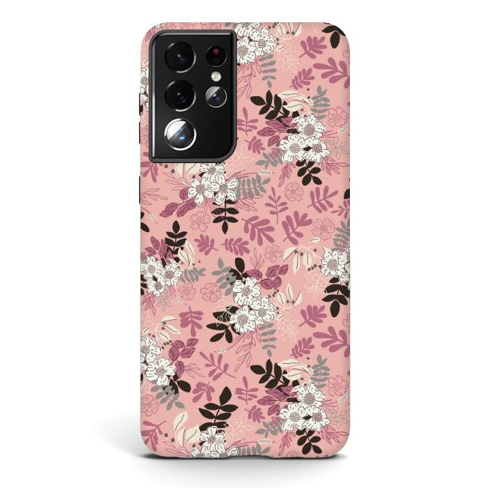 Galaxy S21 ultra StrongFit Autumnal Florals in Pink, Black and White by Paula Ohreen