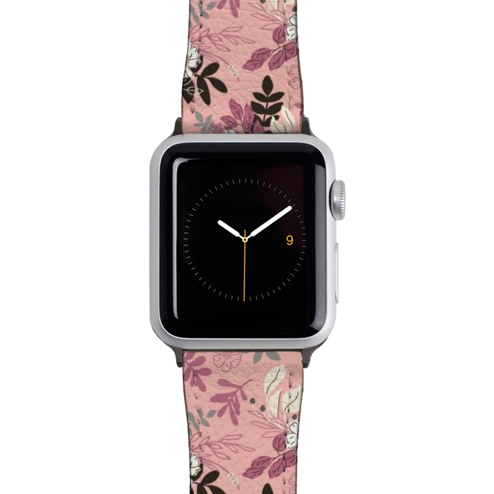 Watch 42mm / 44mm Strap PU leather Autumnal Florals in Pink, Black and White by Paula Ohreen