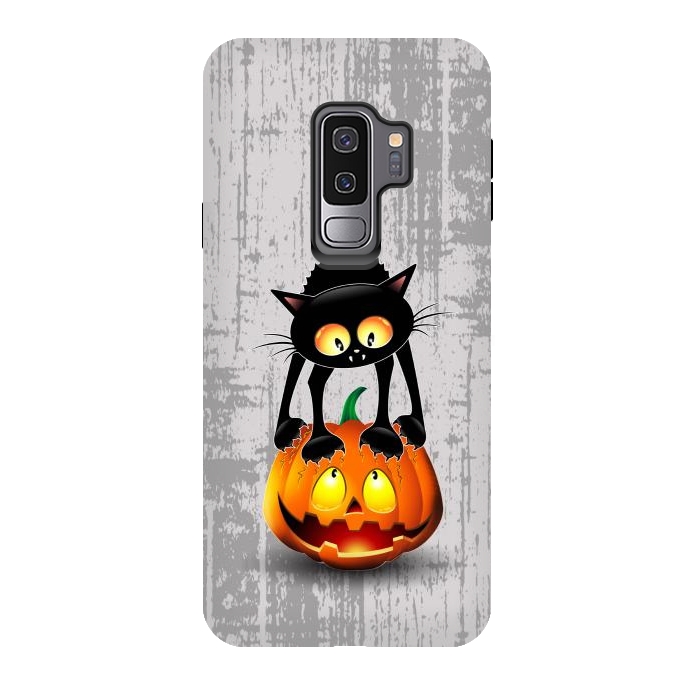 Galaxy S9 plus StrongFit Cat Fun Halloween Character Cartoon scratching a Halloween Pumpkin by BluedarkArt