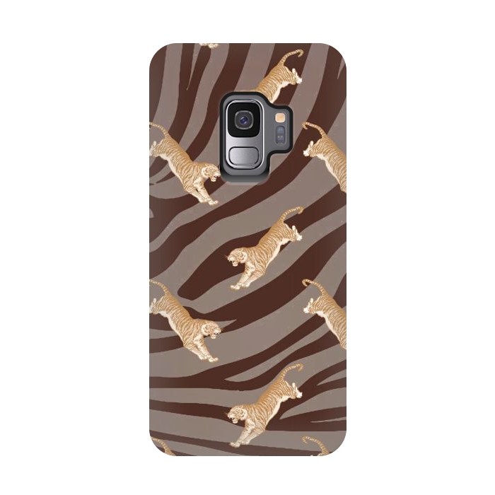 Galaxy S9 StrongFit Tiger pattern on brown stripes - modern animal pattern by Oana 