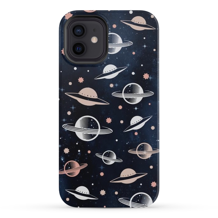 iPhone 12 mini StrongFit Planets and stars - space pattern - celestial pattern on navy by Oana 
