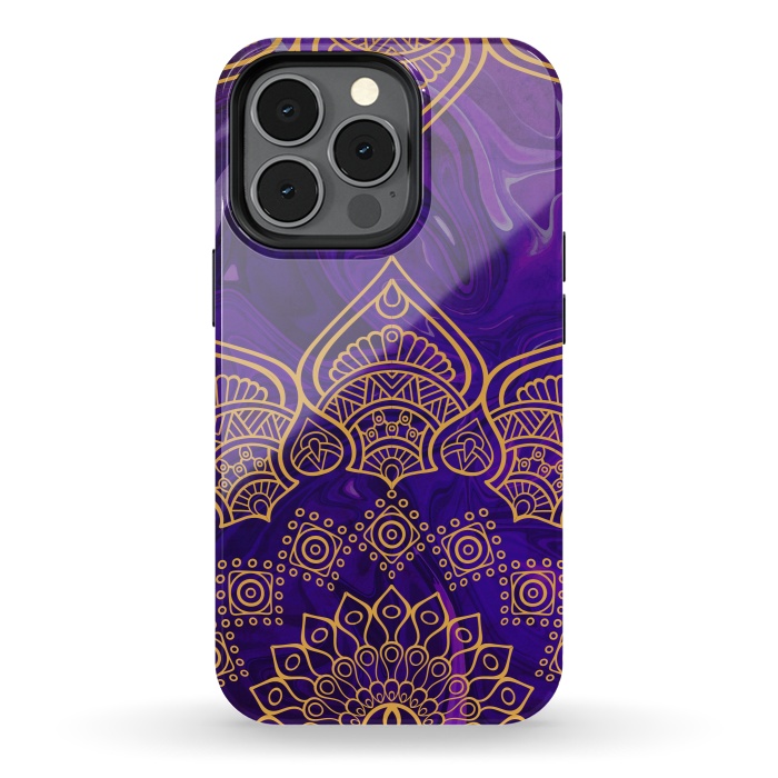 iPhone 13 pro StrongFit Mandala in Purple Marble by Rossy Villarreal