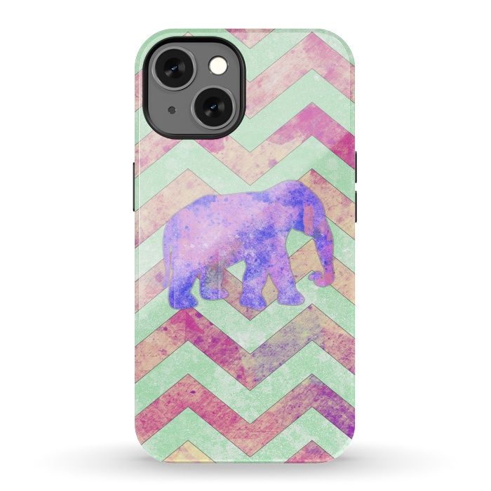 iPhone 13 StrongFit Elephant Mint Green Chevron Pink Watercolor by Girly Trend