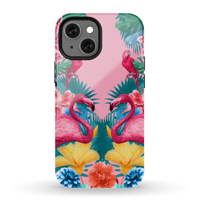 iPhone 13 mini StrongFit Flamingo and Tropical garden by Burcu Korkmazyurek