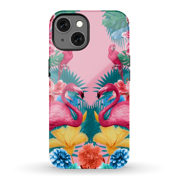 iPhone 13 StrongFit Flamingo and Tropical garden by Burcu Korkmazyurek