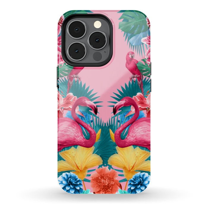 iPhone 13 pro StrongFit Flamingo and Tropical garden by Burcu Korkmazyurek