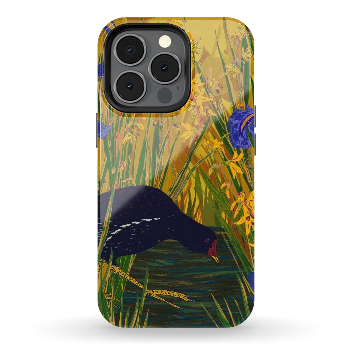 iPhone 13 pro StrongFit Moorhen and Iris by Lotti Brown
