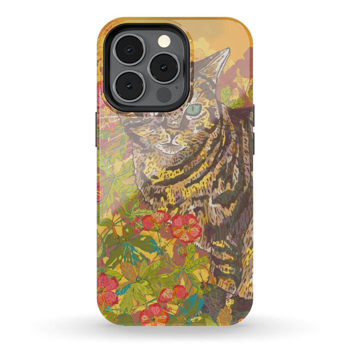 iPhone 13 pro StrongFit Tabby Cat in Geraniums by Lotti Brown