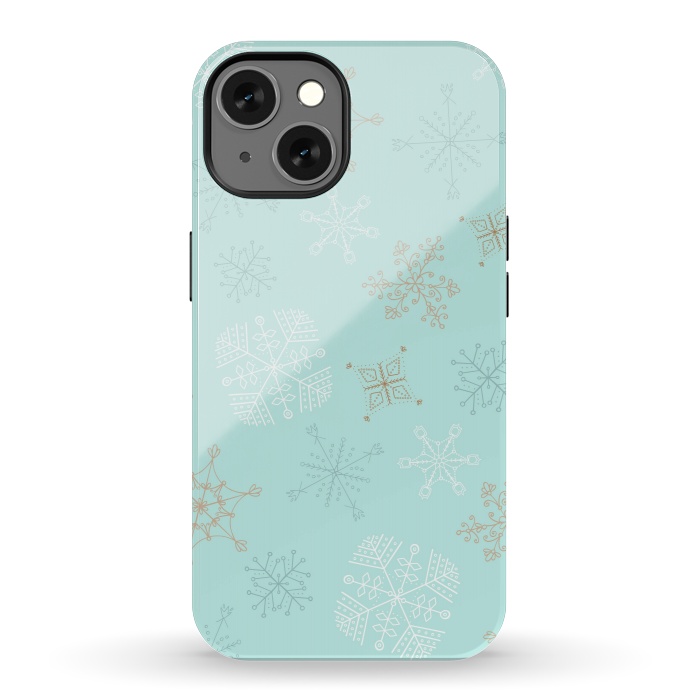 iPhone 13 StrongFit Wintery Gold Snowflakes on Blue by Paula Ohreen