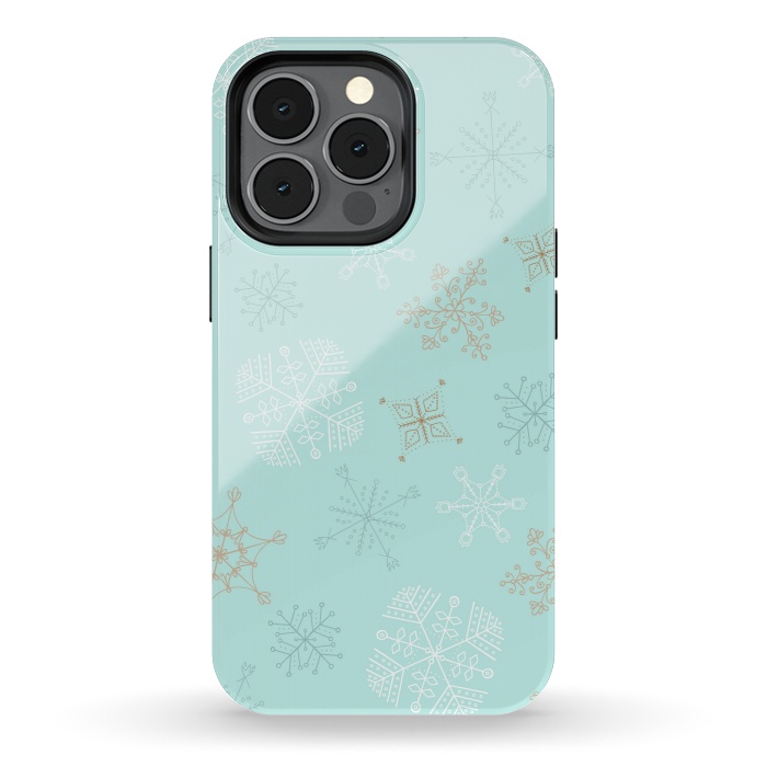 iPhone 13 pro StrongFit Wintery Gold Snowflakes on Blue by Paula Ohreen