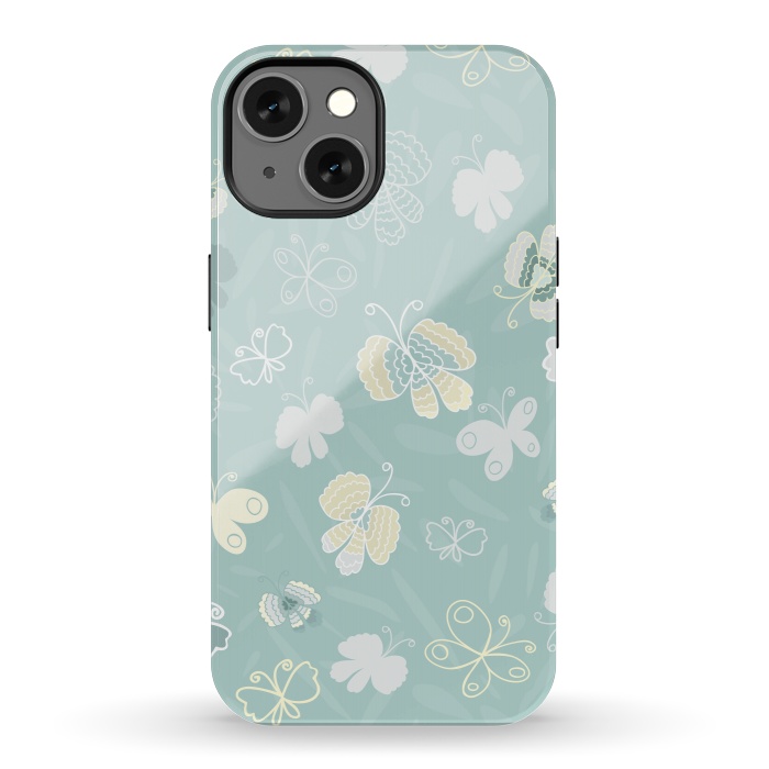iPhone 13 StrongFit Pretty Yellow and White Butterflies on Teal by Paula Ohreen