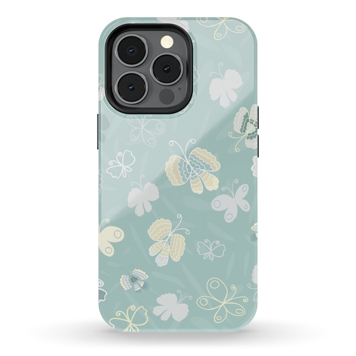 iPhone 13 pro StrongFit Pretty Yellow and White Butterflies on Teal by Paula Ohreen