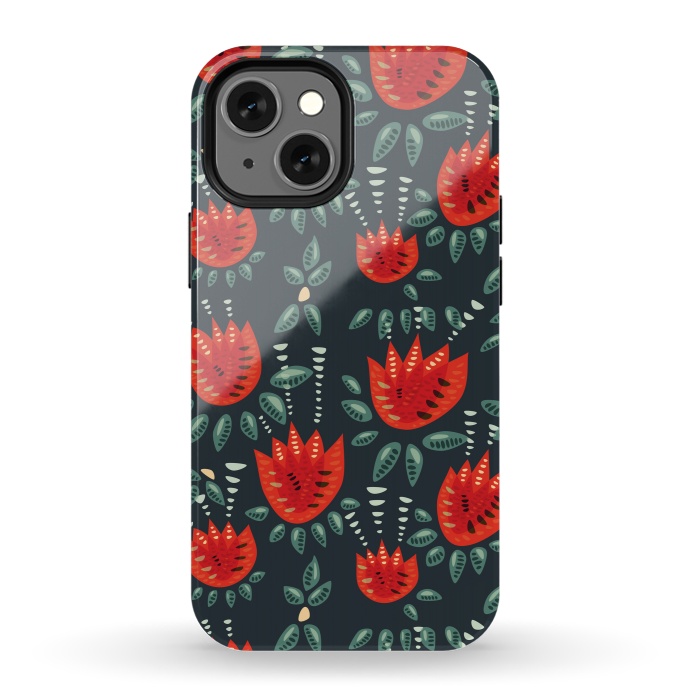 iPhone 13 mini StrongFit Red Tulips Dark Floral Pattern by Boriana Giormova