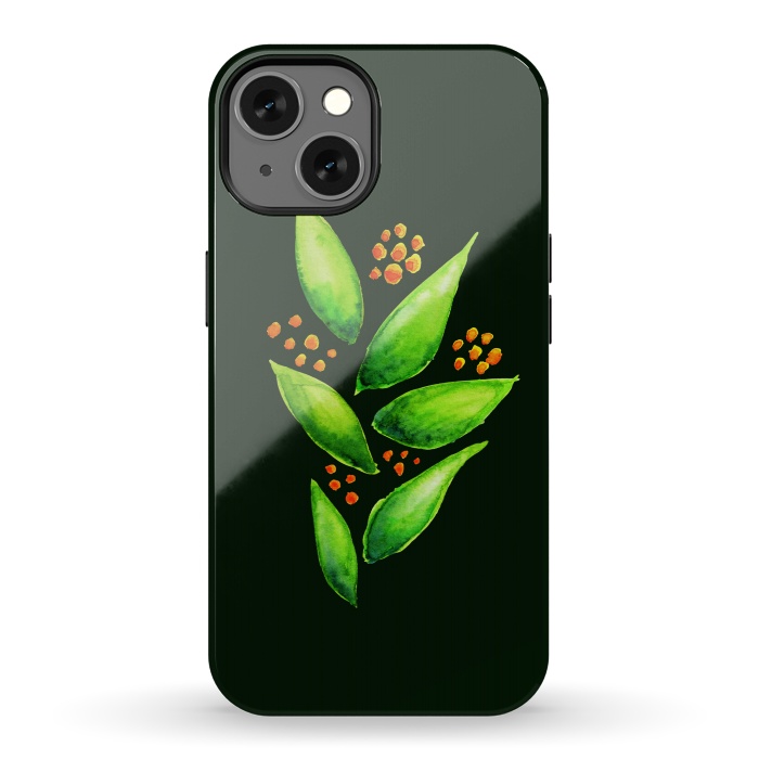 iPhone 13 StrongFit Abstract watercolor green plant with orange berries by Boriana Giormova