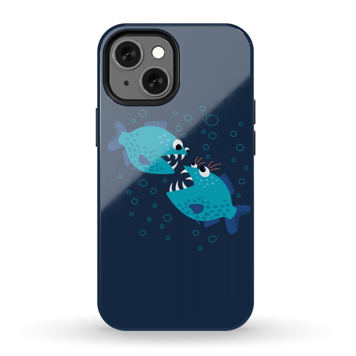 iPhone 13 mini StrongFit Gossiping Blue Cartoon Piranha Fish by Boriana Giormova