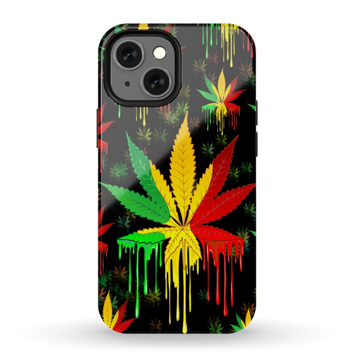 iPhone 13 mini StrongFit Marijuana Leaf Rasta Colors Dripping Paint by BluedarkArt