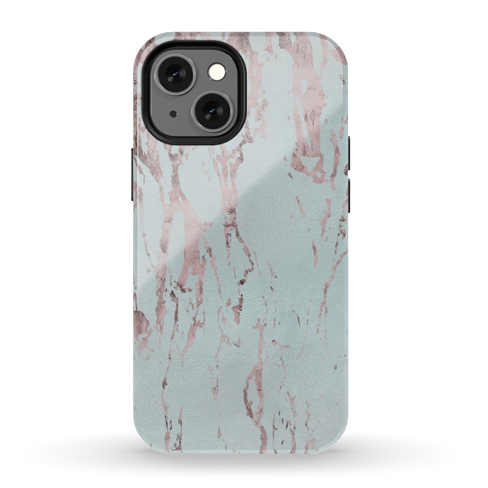 iPhone 13 mini StrongFit Rose Gold Marble Fragments On Teal 2 by Andrea Haase