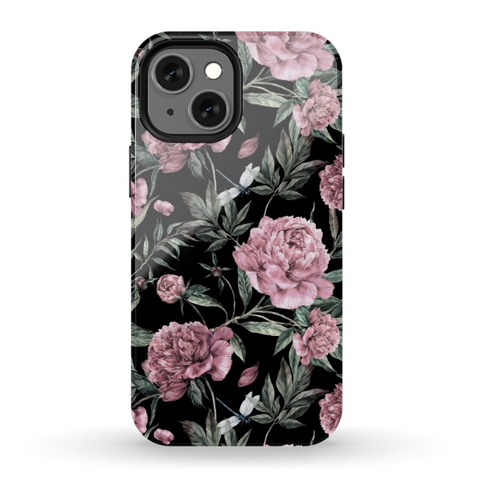 iPhone 13 mini StrongFit Black and Pink Peony Pattern by  Utart
