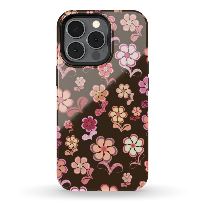 iPhone 13 pro StrongFit 60s Flowers on Chocolate Brown by Paula Ohreen