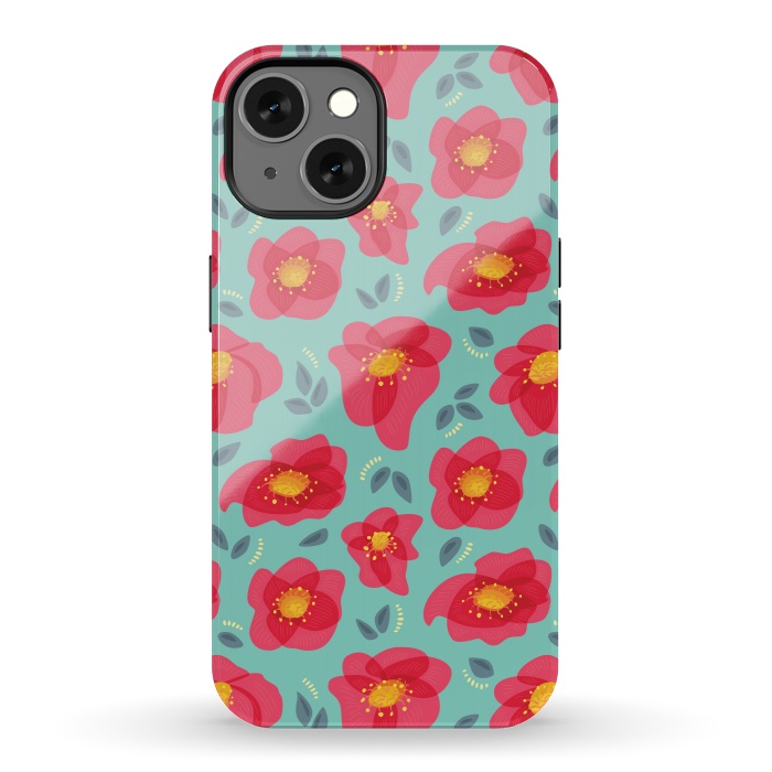 iPhone 13 StrongFit Pretty Flowers With Bright Pink Petals On Blue by Boriana Giormova