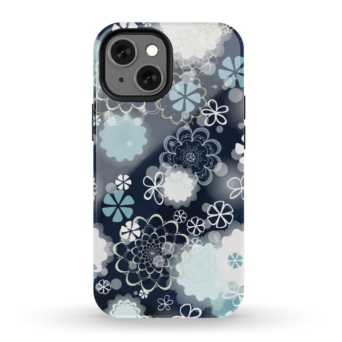 iPhone 13 mini StrongFit Lacy Flowers on Dark Blue by Paula Ohreen