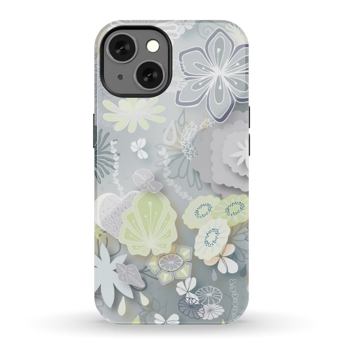 iPhone 13 StrongFit Paper-Cut Florals on Grey by Paula Ohreen