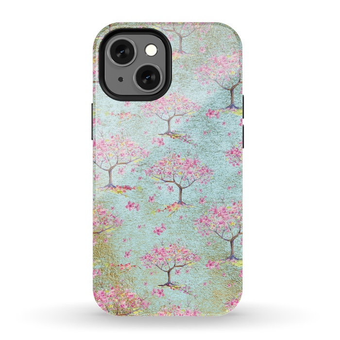iPhone 13 mini StrongFit Shiny Teal Spring Metal Cherry Blossom Tree Pattern by  Utart