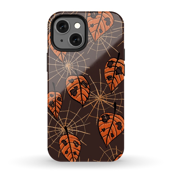 iPhone 13 mini StrongFit Orange Leaves With Holes And Spiderwebs by Boriana Giormova