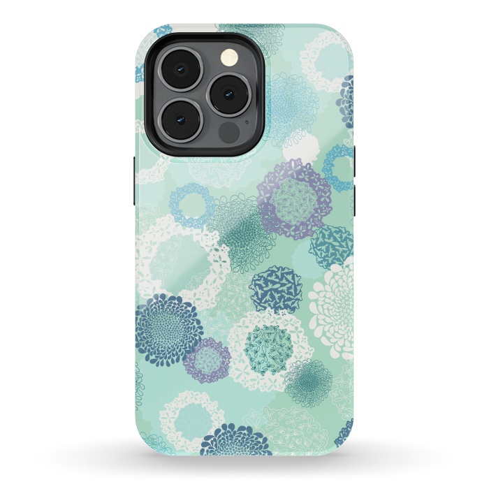 iPhone 13 pro StrongFit Doily Flowers on Teal by Paula Ohreen