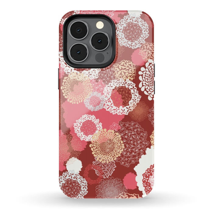 iPhone 13 pro StrongFit Doily Flowers on Red by Paula Ohreen