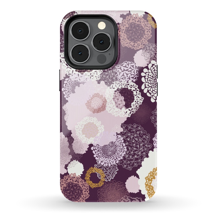 iPhone 13 pro StrongFit Doily Flowers on Purple by Paula Ohreen