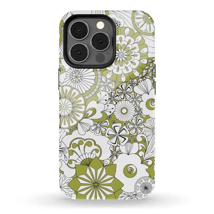 iPhone 13 pro StrongFit 70s Flowers - Green and White by Paula Ohreen