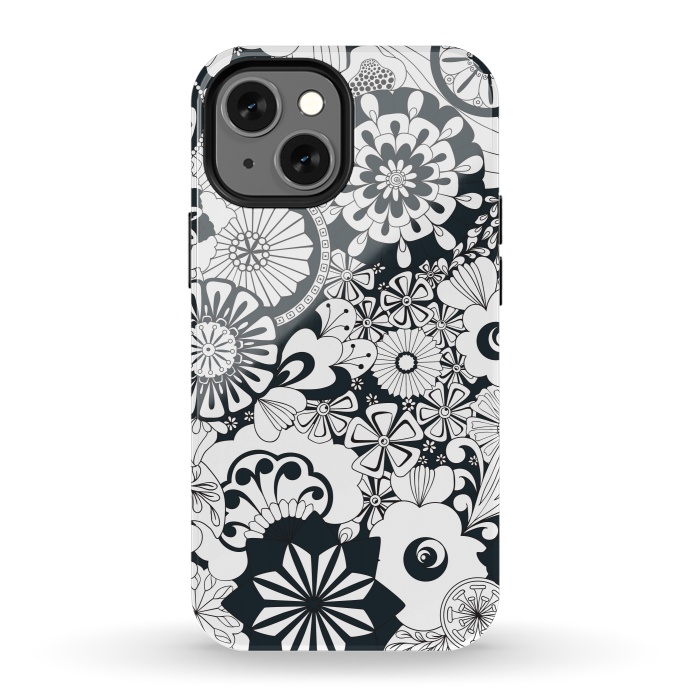 iPhone 13 mini StrongFit 70s Flowers - Navy and White by Paula Ohreen