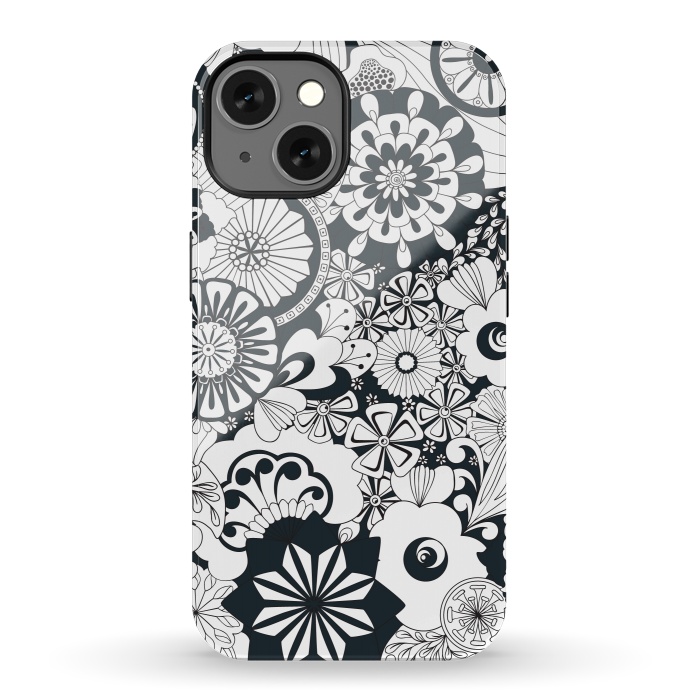 iPhone 13 StrongFit 70s Flowers - Navy and White by Paula Ohreen