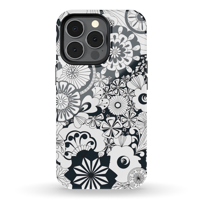 iPhone 13 pro StrongFit 70s Flowers - Navy and White by Paula Ohreen