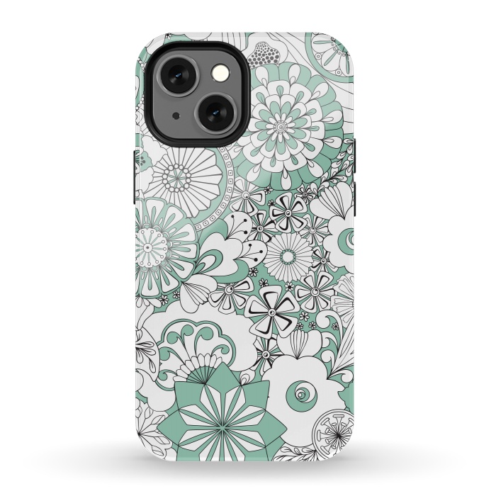 iPhone 13 mini StrongFit 70s Flowers - Mint Green and White by Paula Ohreen