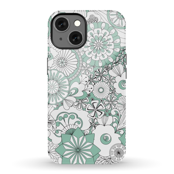 iPhone 13 StrongFit 70s Flowers - Mint Green and White by Paula Ohreen