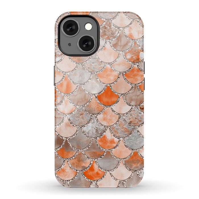 iPhone 13 StrongFit Salmon Peach and Silver Glitter WAtercolor Mermaid Scales by  Utart