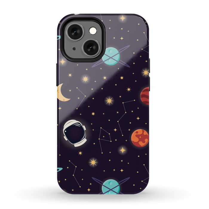 iPhone 13 mini StrongFit Universe with planets, stars and astronaut helmet seamless pattern, cosmos starry night sky, vector illustration by Jelena Obradovic
